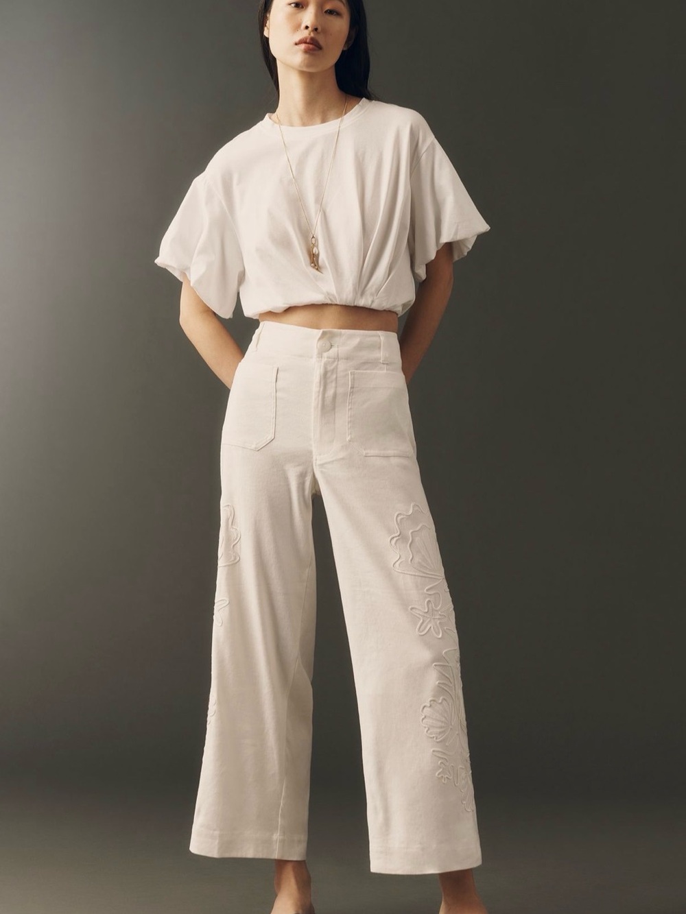Anthropologie Cream Wide-Leg Pants with Tonal Embroidery